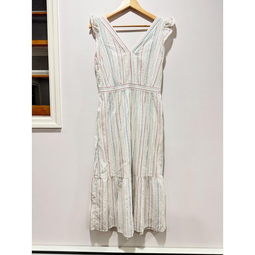 LOFT White Multi Color Metallic Stripe Ruffle Sleeve Tiered Midi Dress Size 2